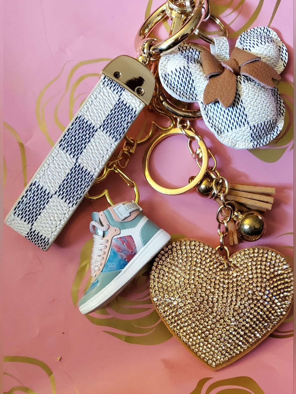 Gold Crystal Heart,  Sneaker,and Minnie Mouse Keychain's with Strap